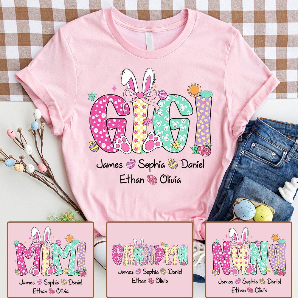 Personalized Gigi Easter Shirt With Bunny Ears, Custom Gigi Shirt With Grandkids Names