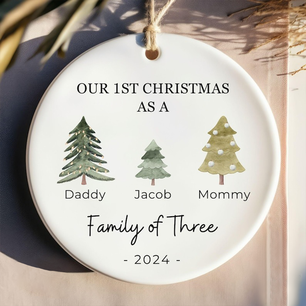 Personalized Our First Christmas Family of Three Ornament 2025, Custom Ceramic Ornament For Parents