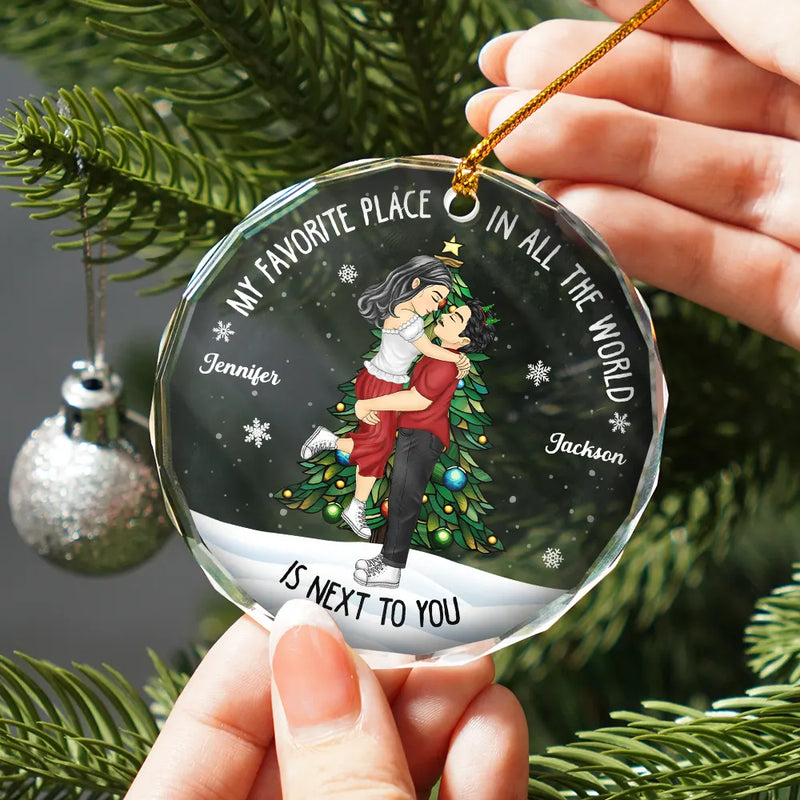Christmas Couple Kissing My Favorite Place In All The World - Personalized Circle Glass Ornament Round Glass Ornament