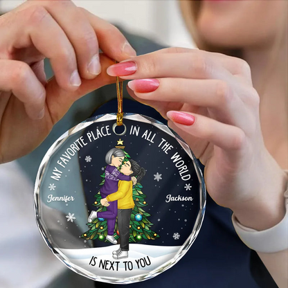 Christmas Couple Kissing My Favorite Place In All The World - Personalized Circle Glass Ornament Round Glass Ornament