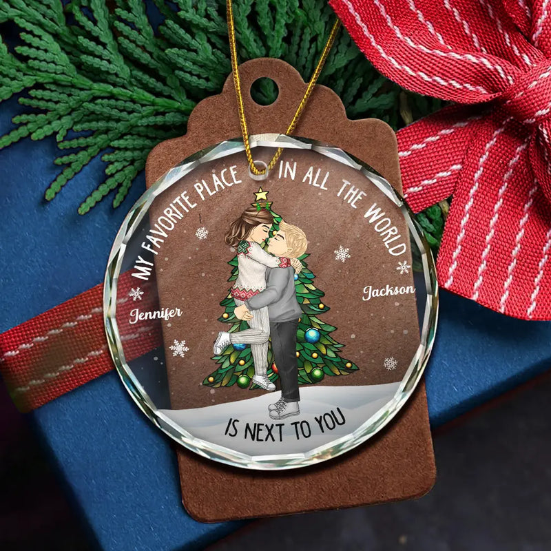 Christmas Couple Kissing My Favorite Place In All The World - Personalized Circle Glass Ornament Round Glass Ornament