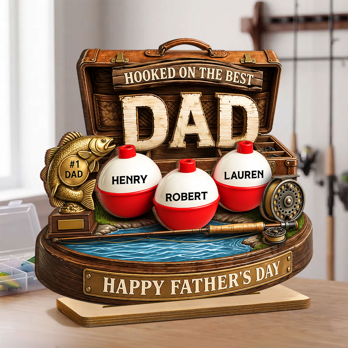 Personalized Fishing Dad Gift 2-Layered Wooden Plaque, Custom Name Bobber Decor, Hooked On The Best Dad Fathers Day Gift