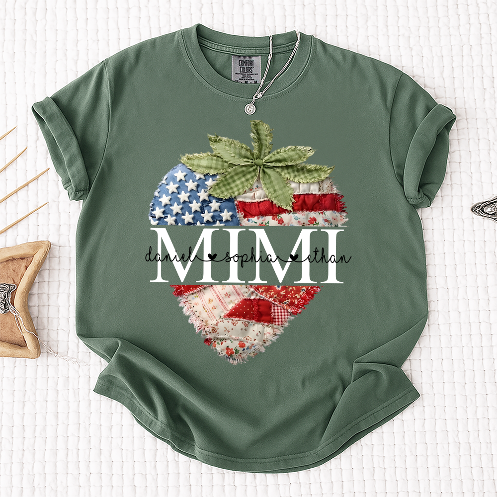 Comfort Colors Mimi Custom Family Tee, Faux Quilted Strawberry 4th of July Grandma T-Shirt, Patriotic American Flag Berry Graphic, Summer Gift for Grandma, Independence Day Shirt