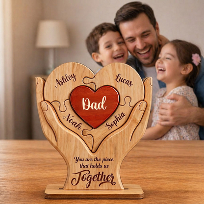 Personalized Wooden Puzzle Plaque for Dad – Custom Family Name Heart Sign, Father’s Day Gift from Kids 2-Layered Wooden Plaque