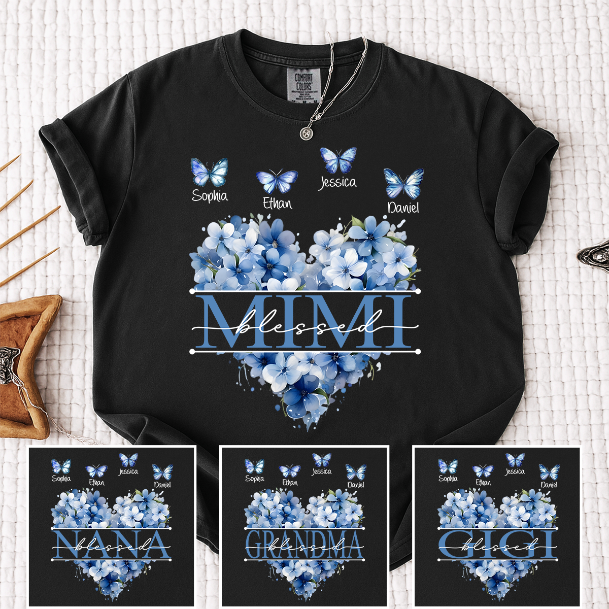 Comfort Colors Blessed Mimi T Shirt, Personalized with Kids Names, Heart Shaped Floral Design with Butterflies, Perfect for Mimi