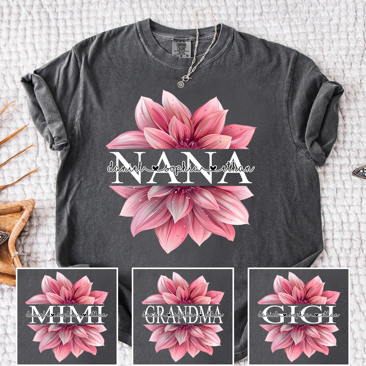 Comfort Colors Personalized Nana Shirt with Pink Lotus Flower Design, Custom Gift for Grandma with Grandkids Names