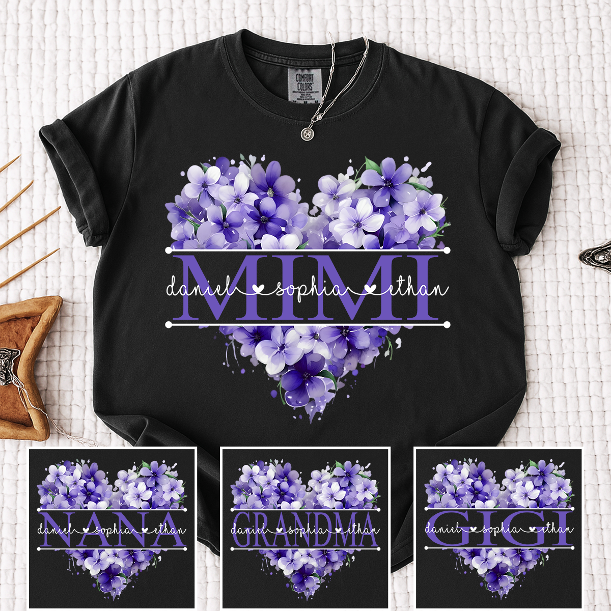 Comfort Colors Personalized MIMI T Shirt, Custom Family Names with Purple Floral Heart Design, Perfect Gift for Mimi