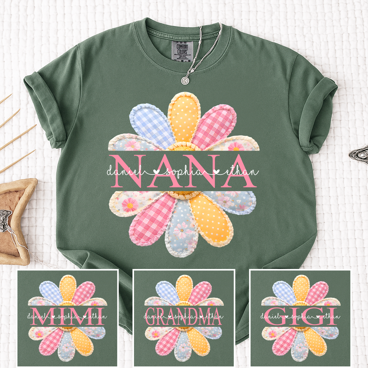Comfort Colors Personalized Nana Shirt with Colorful Patchwork Daisy – Custom Grandma Gift with Grandkids  Names