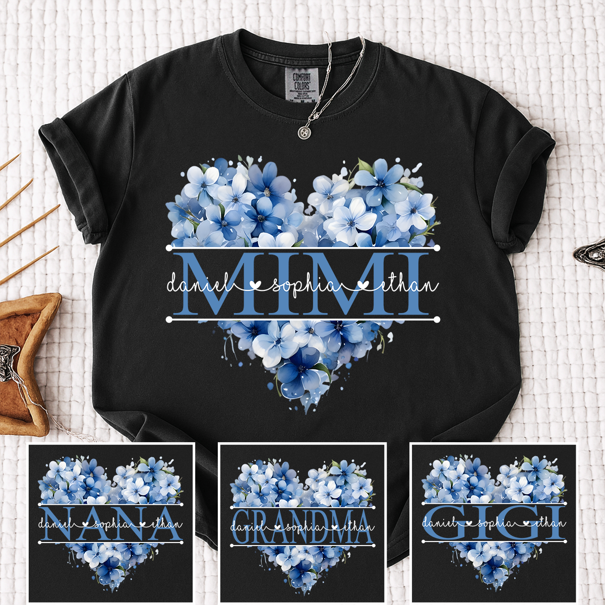 Comfort Colors Personalized Mimi Shirt with Blue Floral Heart Design, Custom Grandma Gift with Grandkids Name