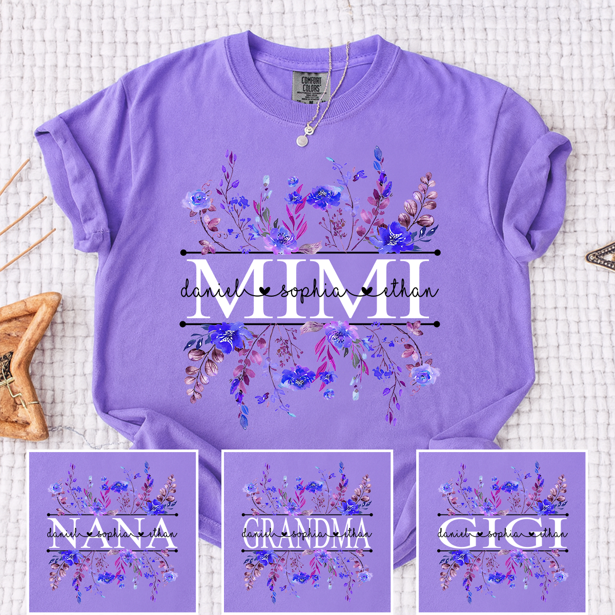 Comfort Colors Personalized Mimi Shirt with Purple Wildflower Design – Custom Grandma Gift with Grandkids Names