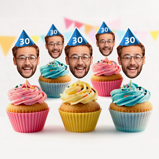 Personalised Photo Face Cutout Faces Cupcake Toppers Custom Cake Topper 30th Birthday Party