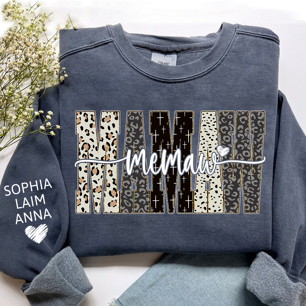 Personalized Memaw Leopard Sweatshirt – Custom Bible Style Design, Unique Gift for Grandma and Her Grandkids