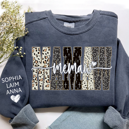 Personalized Memaw Leopard Sweatshirt – Custom Bible Style Design, Unique Gift for Grandma and Her Grandkids