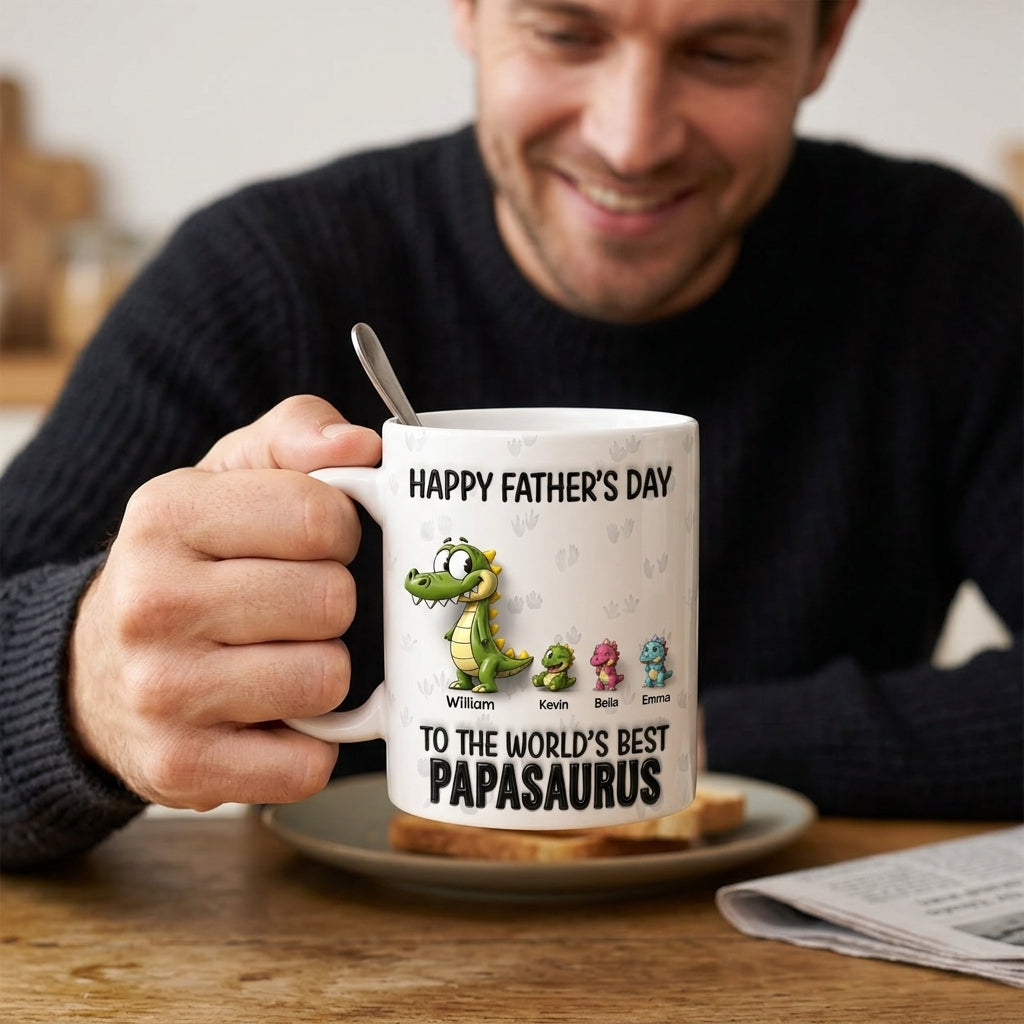 Father's Day Gift - Happy Father's Day To The Worlds Best Daddysaurus - Full-coverage flat print featuring a faux 3D look mug - Gift for Dad, Husband - Personalized Printfull Mug