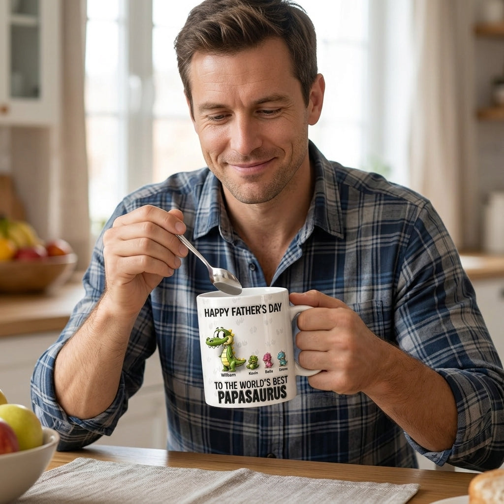 Father's Day Gift - Happy Father's Day To The Worlds Best Daddysaurus - Full-coverage flat print featuring a faux 3D look mug - Gift for Dad, Husband - Personalized Printfull Mug