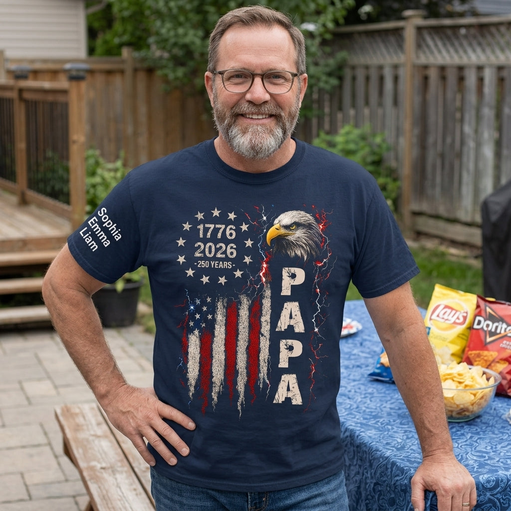 Personalized Papa Patriotic American Flag Shirt with Kids Names on Sleeve, Custom Grandpa Shirt, U.S. 250th Anniversary 250 Years of Freedom, Fathers Day Family Gift