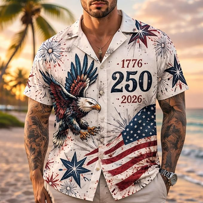 Men's American 250Th Anniversary Art Print Hawaiian Shirt 1776-2026 Patriotic Tee, Gifts for Independence Day