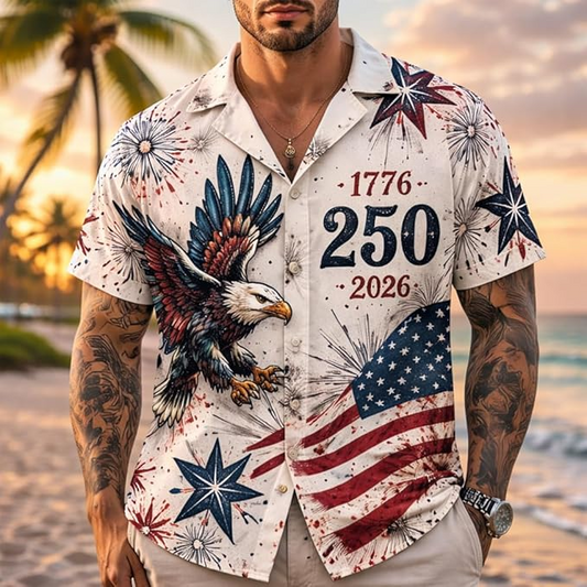 Men's American 250Th Anniversary Art Print Hawaiian Shirt 1776-2026 Patriotic Tee, Gifts for Independence Day