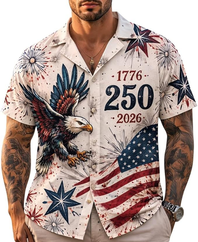 Men's American 250Th Anniversary Art Print Hawaiian Shirt 1776-2026 Patriotic Tee, Gifts for Independence Day