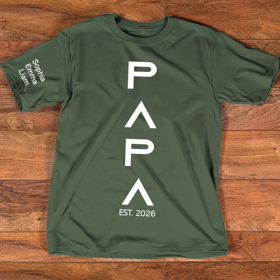 Personalized Papa Shirt with Kids Names on Sleeve, Minimalist Vertical Papa Design Tee, Custom Grandpa Family T Shirt, Gift for Father Day Birthday