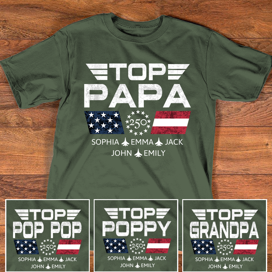 Personalized Top Papa Shirt with Custom Kids Names, Patriotic Airplane Grandpa T Shirt, U.S. 250th Anniversary Family Apparel for Fathers Day Birthday