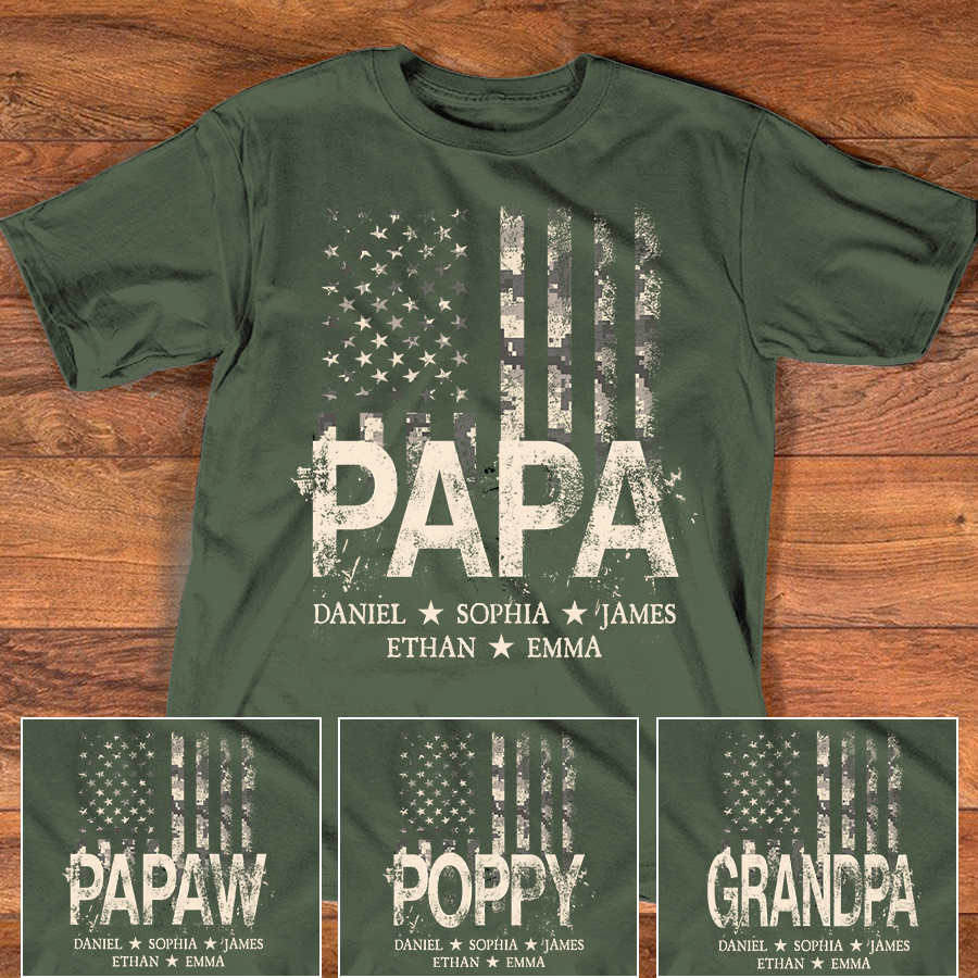 Personalized Papa American Flag Shirt, Custom Kids Names Patriotic T Shirt for Dad Grandpa, U.S. 250th Anniversary 4th of July Birthday Gift