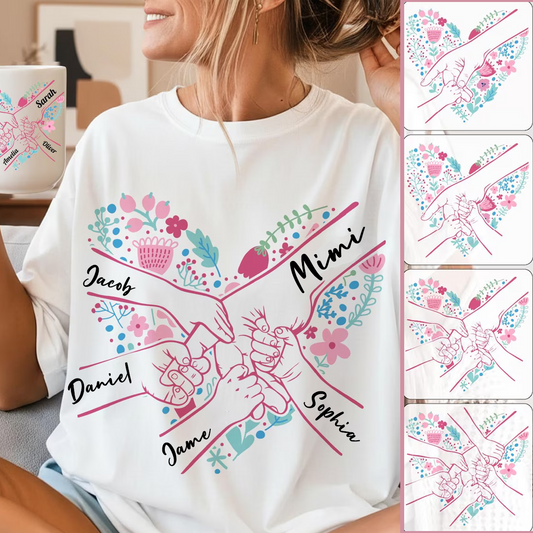 Mimi And Grandkids Custom Name, Hand In Hand Heart Flower T-shirt