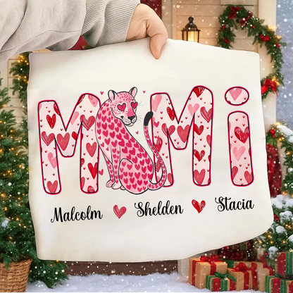 Leopard Valentine's Mimi, Personalized Mimi and Grandkids Heart Shirt