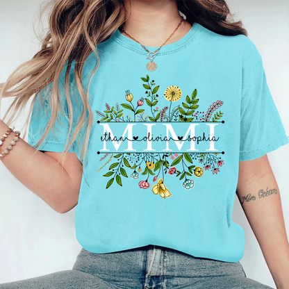 Personalized Grandma Wildflowers And Kids Comfort Colors T-Shirt