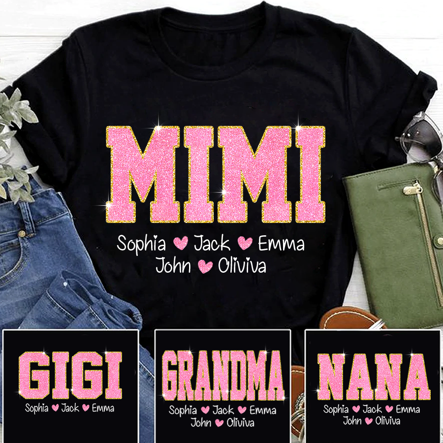 Glitter Pink Custom Name Mimi Nana Grandma And Kids T-Shirt