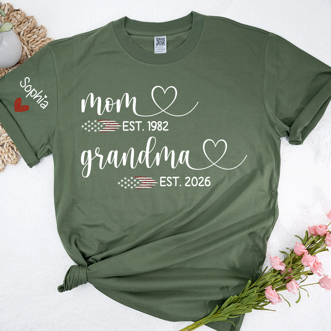 Personalized Mom & Grandma T-Shirt, Custom EST Year Design for Mom, Grandma, Mimi, Gigi, Nana, American Flag Hearts Graphic, Gifts for Mother's Day, 4th of July