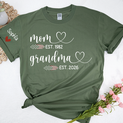 Personalized Mom & Grandma T-Shirt, Custom EST Year Design for Mom, Grandma, Mimi, Gigi, Nana, American Flag Hearts Graphic, Gifts for Mother's Day, 4th of July