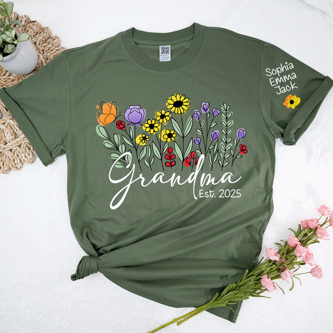 Grandma Est Flower Gift For Family T shirt, Custom Grandma And Kids