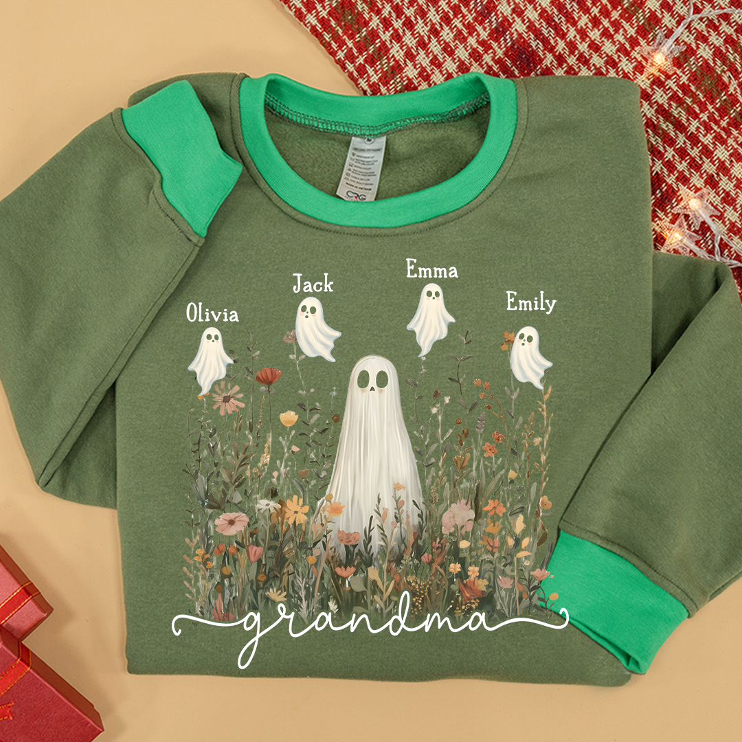 Grandma Cute Ghost in Wildflowers And Grandkids Fall Sweatshirt Mix