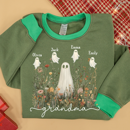 Grandma Cute Ghost in Wildflowers And Grandkids Fall Sweatshirt Mix