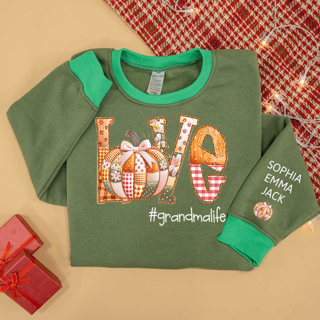 Personalized Love Grandmalife Pumpkin Patchwork Fall with Grandkids Names, Holiday Design, Cozy Family Gift for Grandma Sweatshirt Mix