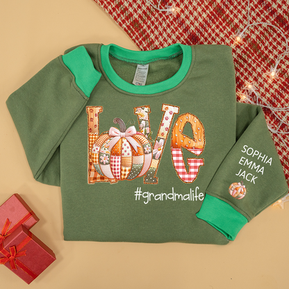 Personalized Love Grandmalife Pumpkin Patchwork Fall with Grandkids Names, Holiday Design, Cozy Family Gift for Grandma Sweatshirt Mix