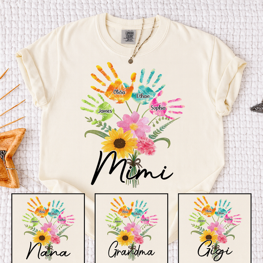 Custom Mimi Shirt, Personalized Handprints and Flowers with Family Names, Idea Gift for Mimi