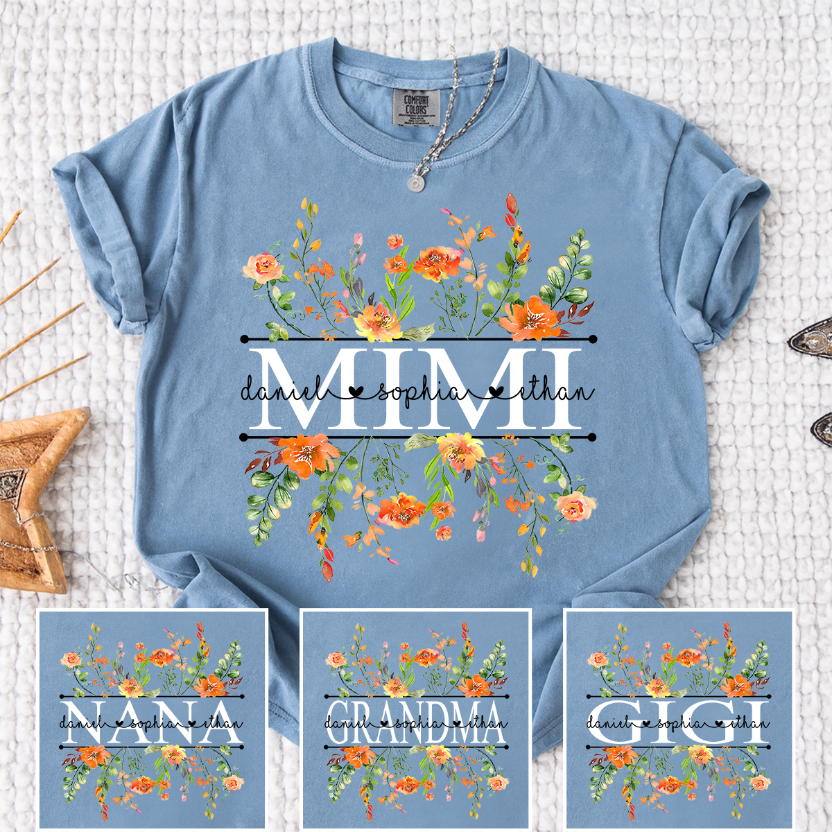 Comfort Colors Custom Mimi T-Shirt with Orange Wildflowers – Personalized Grandmother Gift Featuring Kids Names
