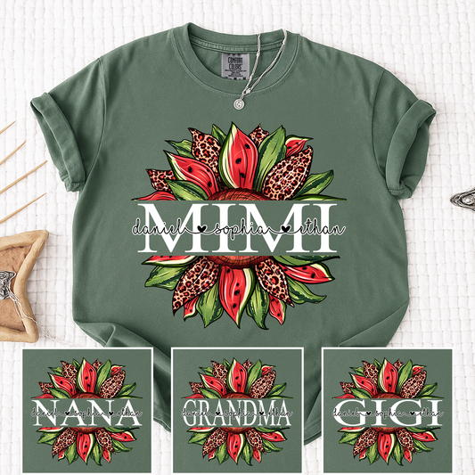Comfort Colors Mimi Custom Family Tee, Colorful Watermelon Leopard Sunflower Shirt with Children’s Names, Gift for Mom or Nana