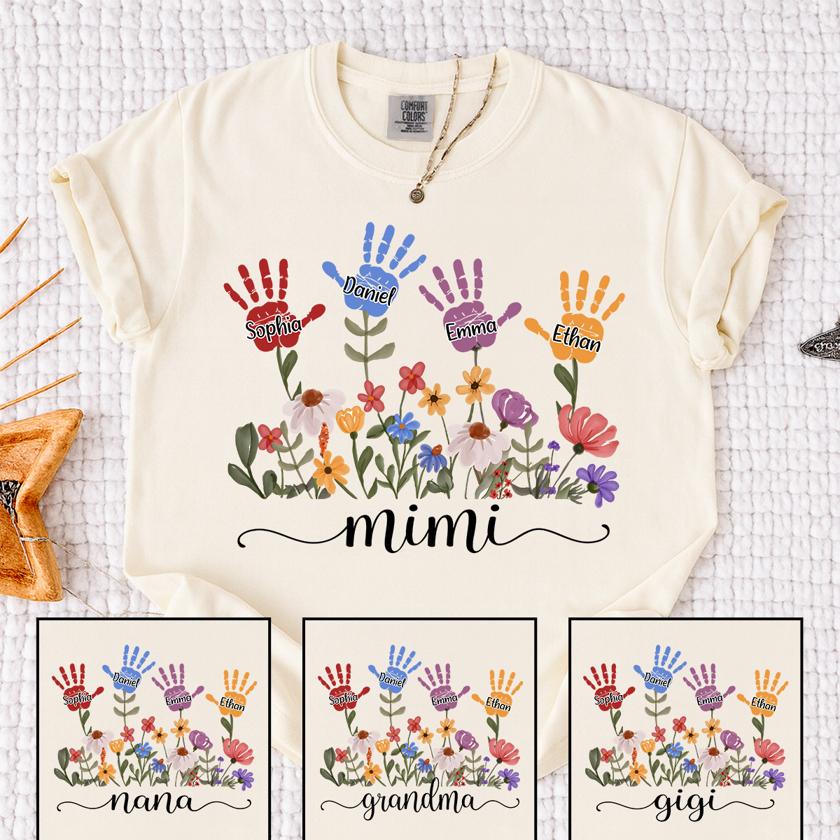 Comfort Colors Mimi Custom T Shirt with Kids Handprints, Personalized Family Names and Colorful Flower Design