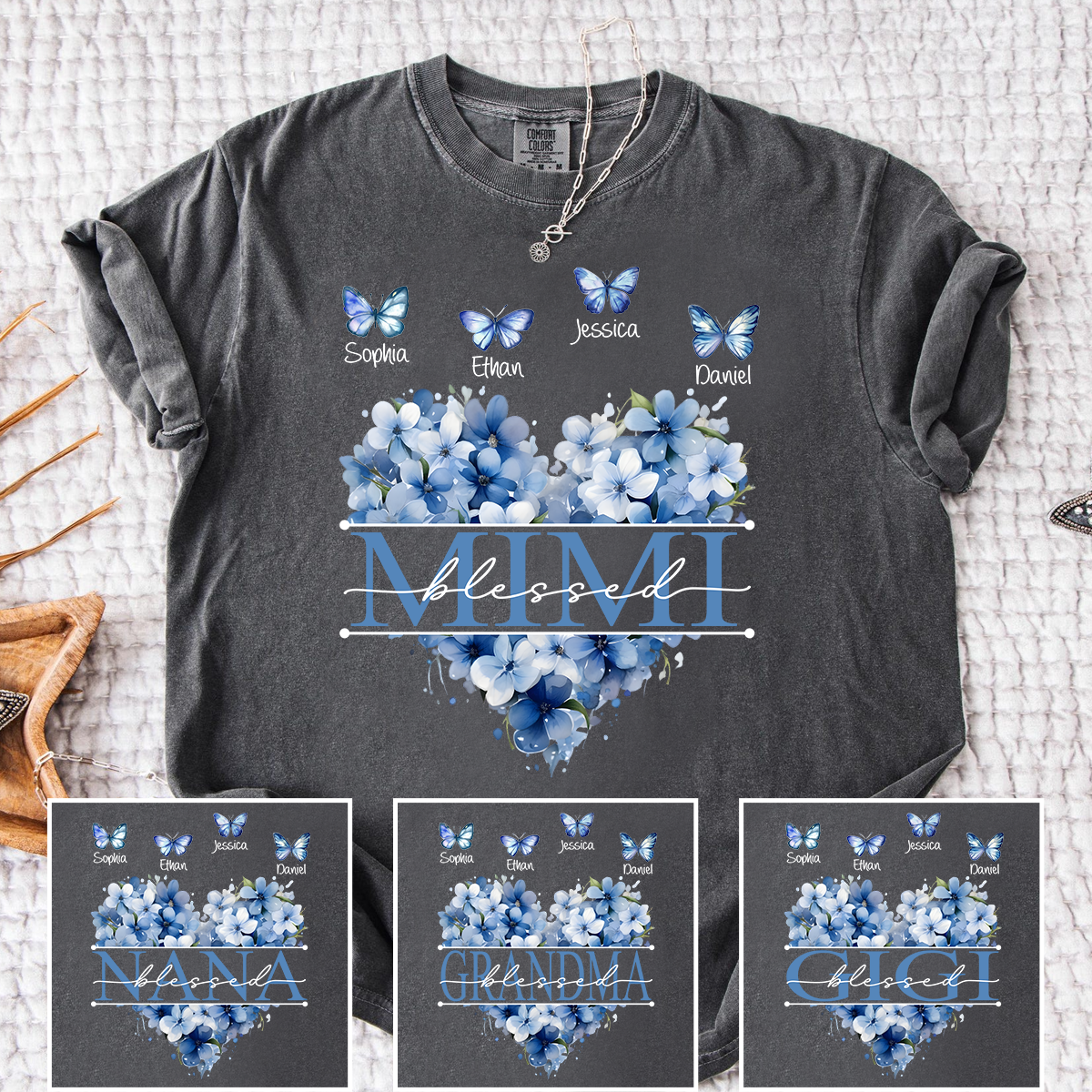 Comfort Colors Blessed Mimi T Shirt, Personalized with Kids Names, Heart Shaped Floral Design with Butterflies, Perfect for Mimi
