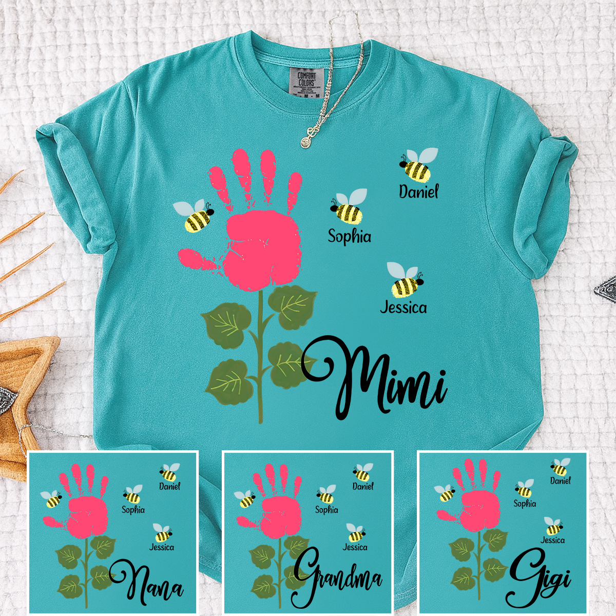 Comfort Colors Personalized Mimi Shirt, Custom Family Names with Handprint Flower Design and Bees, Perfect Gift for Mimi