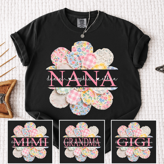 Comfort Colors Personalized NANA T Shir, Custom Family Names with Floral Patchwork Design, Perfect Gift for Nana