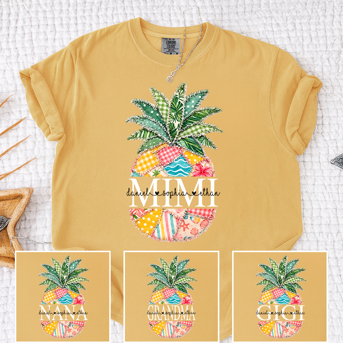 Comfort Colors Custom Mimi Pineapple Patchwork Shirt, Personalized Grandma Beach Tee with Grandchildren Names, Summer Family Gift