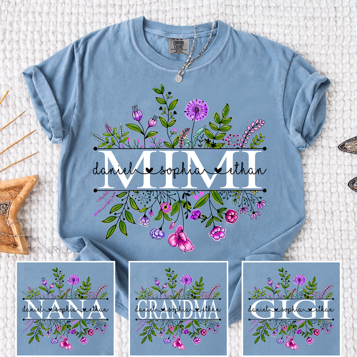 Comfort Colors Custom Mimi Shirt, Floral Graphic with Personalized Grandkids Names, Perfect Gift for Grandma
