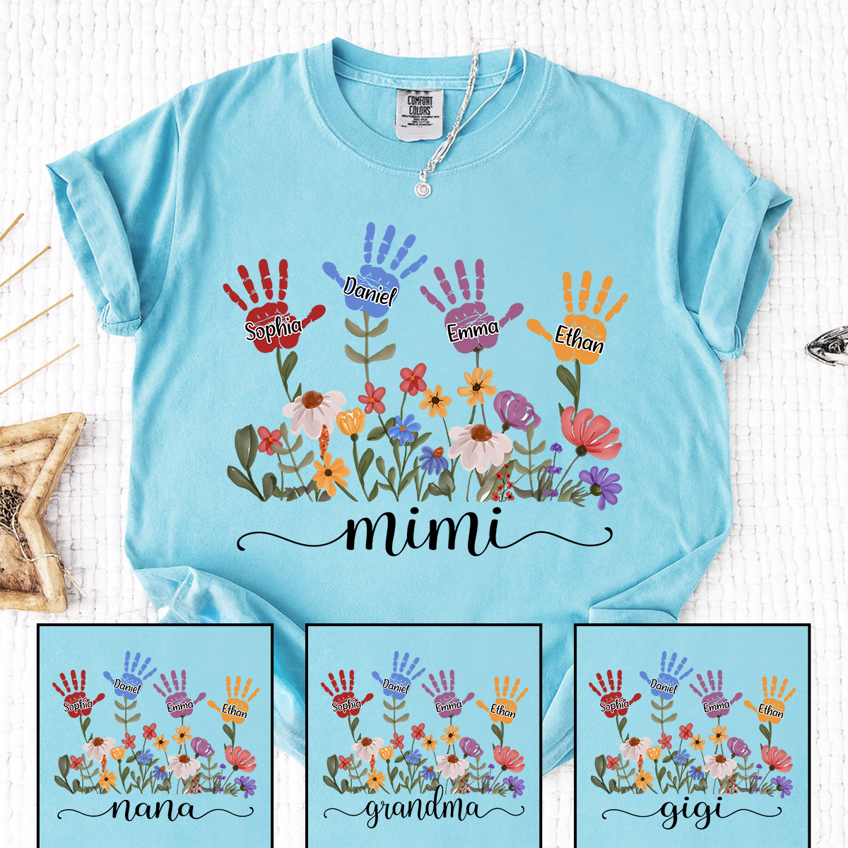 Comfort Colors Mimi Custom T Shirt with Kids Handprints, Personalized Family Names and Colorful Flower Design
