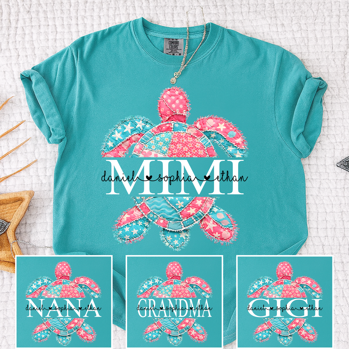 Comfort Colors Personalized Mimi Sea Turtle Shirt with Grandkids Names, Custom Grandma Beach T Shirt for Women, Coastal Family Gift