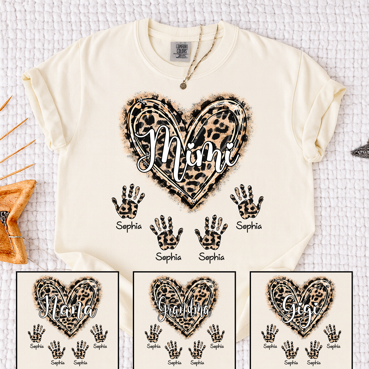 Comfort Colors Mimi Leopard Heart Shirt, Custom Handprint T Shirt with Grandkids Names, Unique Gift for Mimi, Personalized Family Shirt