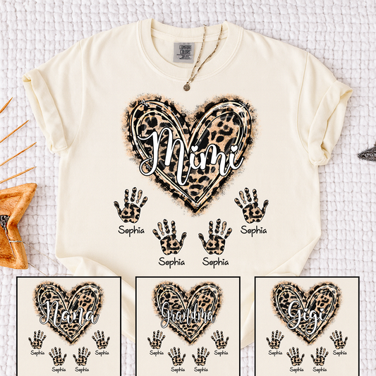 Comfort Colors Mimi Leopard Heart Shirt, Custom Handprint T Shirt with Grandkids Names, Unique Gift for Mimi, Personalized Family Shirt